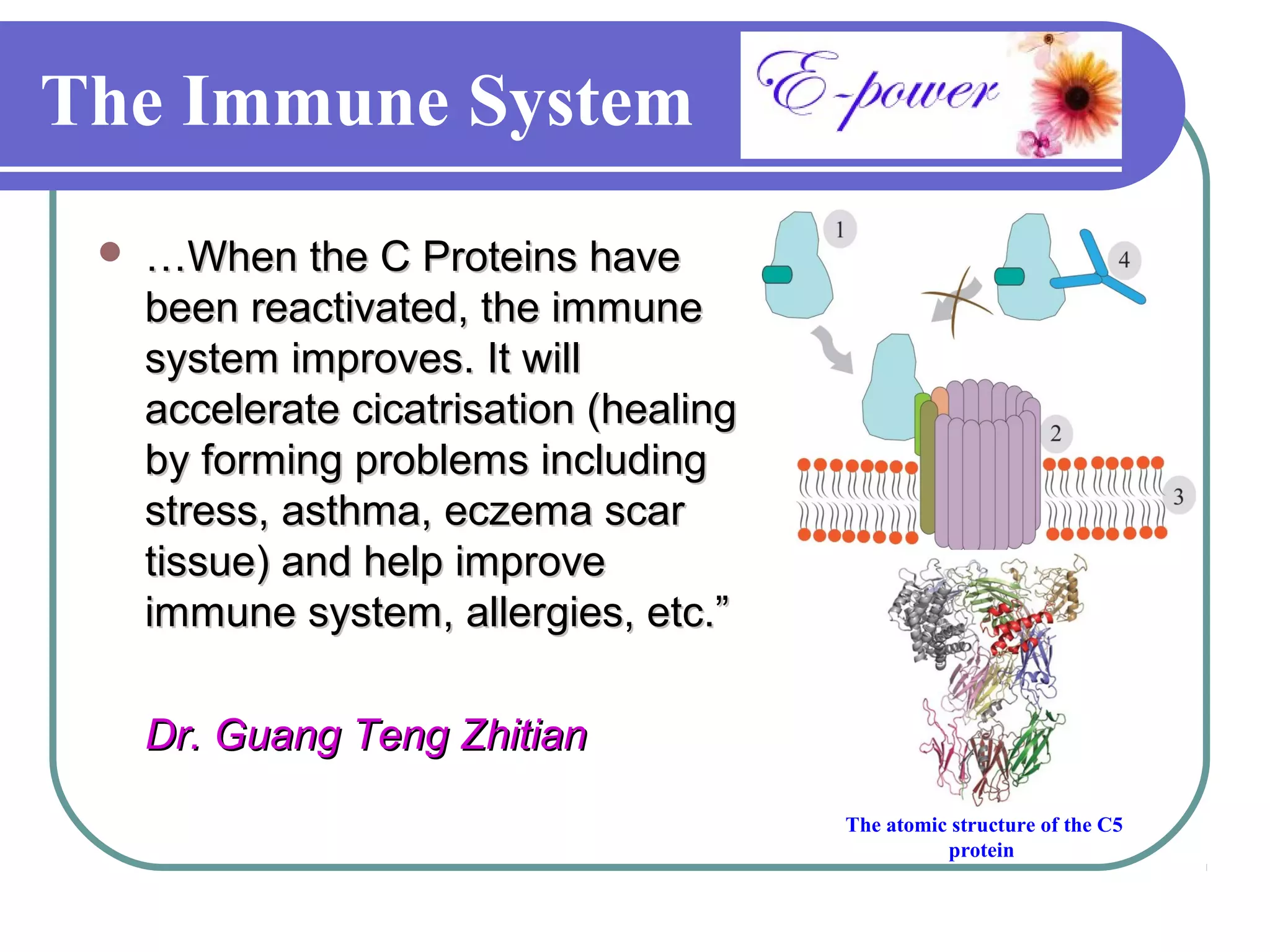 The Immune System
    …When the C Proteins have
     been reactivated, the immune
     system improves. It will
     accelerate cicatrisation (healing
     by forming problems including
     stress, asthma, eczema scar
     tissue) and help improve
     immune system, allergies, etc.”

     Dr. Guang Teng Zhitian
                                         The atomic structure of the C5
                                                   protein
 