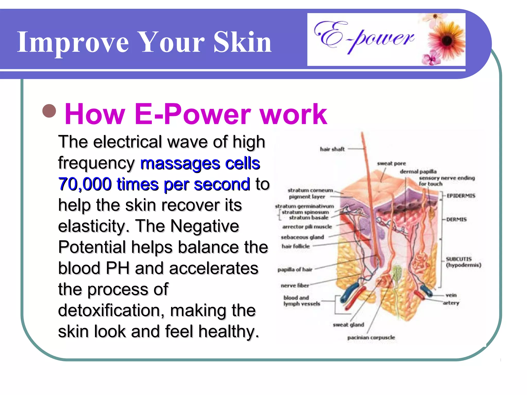 Improve Your Skin

 How      E-Power work
  The electrical wave of high
  frequency massages cells
  70,000 times per second to
  help the skin recover its
  elasticity. The Negative
  Potential helps balance the
  blood PH and accelerates
  the process of
  detoxification, making the
  skin look and feel healthy.
 