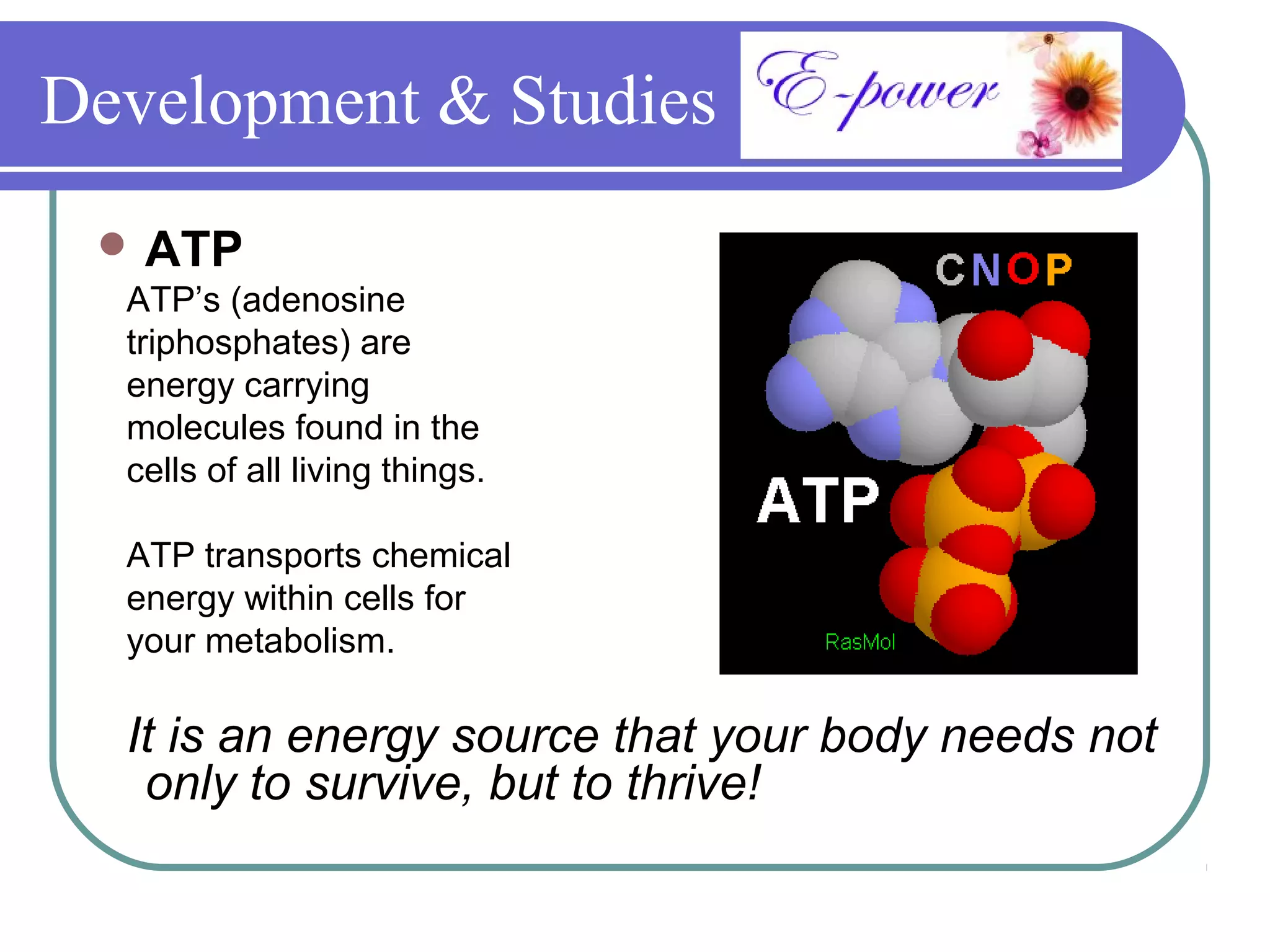 Development & Studies
  ATP
  ATP’s (adenosine
  triphosphates) are
  energy carrying
  molecules found in the
  cells of all living things.

  ATP transports chemical
  energy within cells for
  your metabolism.

  It is an energy source that your body needs not
   only to survive, but to thrive!
 