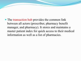  The transaction hub provides the common link
between all actors (prescriber, pharmacy benefit
manager, and pharmacy). It stores and maintains a
master patient index for quick access to their medical
information as well as a list of pharmacies.
 