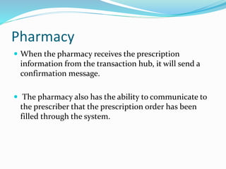 Pharmacy
 When the pharmacy receives the prescription
information from the transaction hub, it will send a
confirmation message.
 The pharmacy also has the ability to communicate to
the prescriber that the prescription order has been
filled through the system.
 