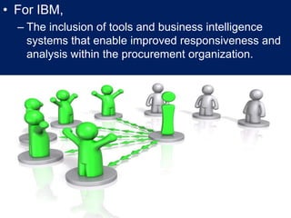 For IBM,The inclusion of tools and business intelligence systems that enable improved responsiveness and analysis within the procurement organization.