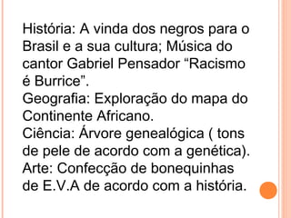 História: A vinda dos negros para o
Brasil e a sua cultura; Música do
cantor Gabriel Pensador “Racismo
é Burrice”.
Geografia: Exploração do mapa do
Continente Africano.
Ciência: Árvore genealógica ( tons
de pele de acordo com a genética).
Arte: Confecção de bonequinhas
de E.V.A de acordo com a história.
 