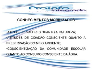 CONHECIMENTOS MOBILIZADOS
•ATITUDES E VALORES QUANTO A NATUREZA;
•ATITUDES DE CIDADÃO CONSCIENTE QUANTO A
PRESERVAÇÃO DO MEIO AMBIENTE;
•CONSCIENTIZAÇÃO DA COMUNIDADE ESCOLAR
QUANTO AO CONSUMO CONSCIENTE DA ÁGUA.

 