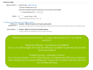 Préférence de positionnement : on peut demander la 3 ième  ou 4 ième position !! Mode de diffusion : standard ou accélérée Si on a un petit budget, le mode de diffusion accéléré ne permet pas de tenir toute la journée !! Budget par jour : exemple 10 euros Ce n’est pas linéaire, si l’on se fixe 30 jours, on dépensera 300 euros maximum mais certains jours on pourra dépenser 15 euros et d’autres moins (en fonction du nombre de clics) 