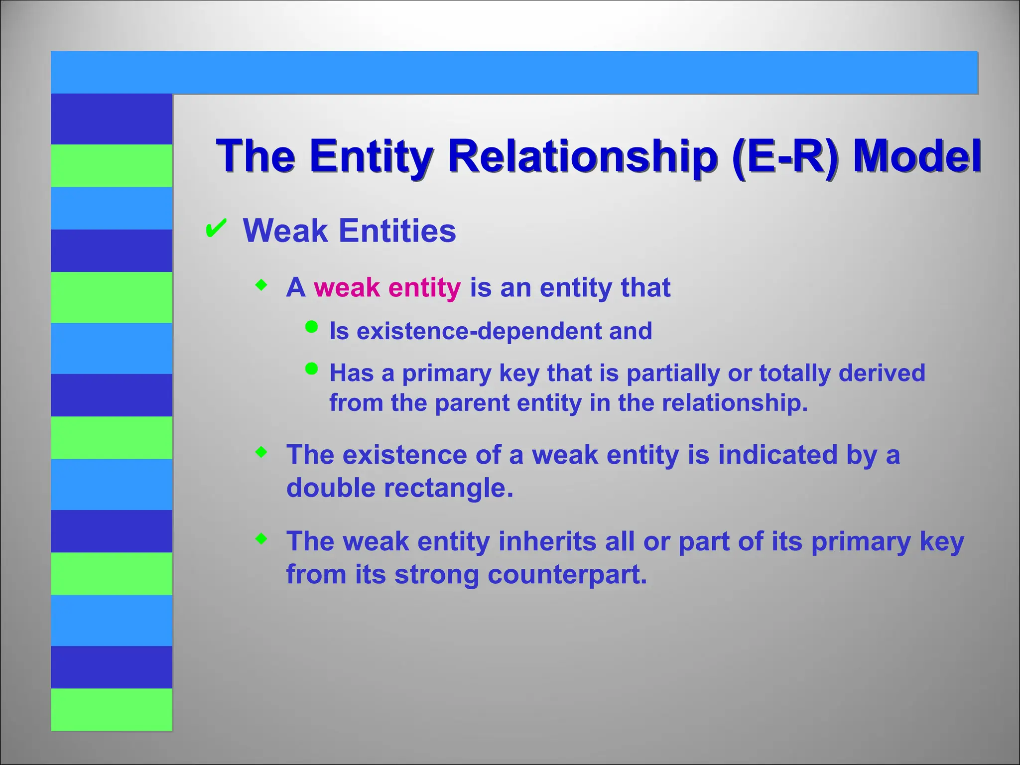 Weak Entities
 A weak entity is an entity that
 Is existence-dependent and
 Has a primary key that is partially or totally derived
from the parent entity in the relationship.
 The existence of a weak entity is indicated by a
double rectangle.
 The weak entity inherits all or part of its primary key
from its strong counterpart.
The Entity Relationship (E-R) Model
 