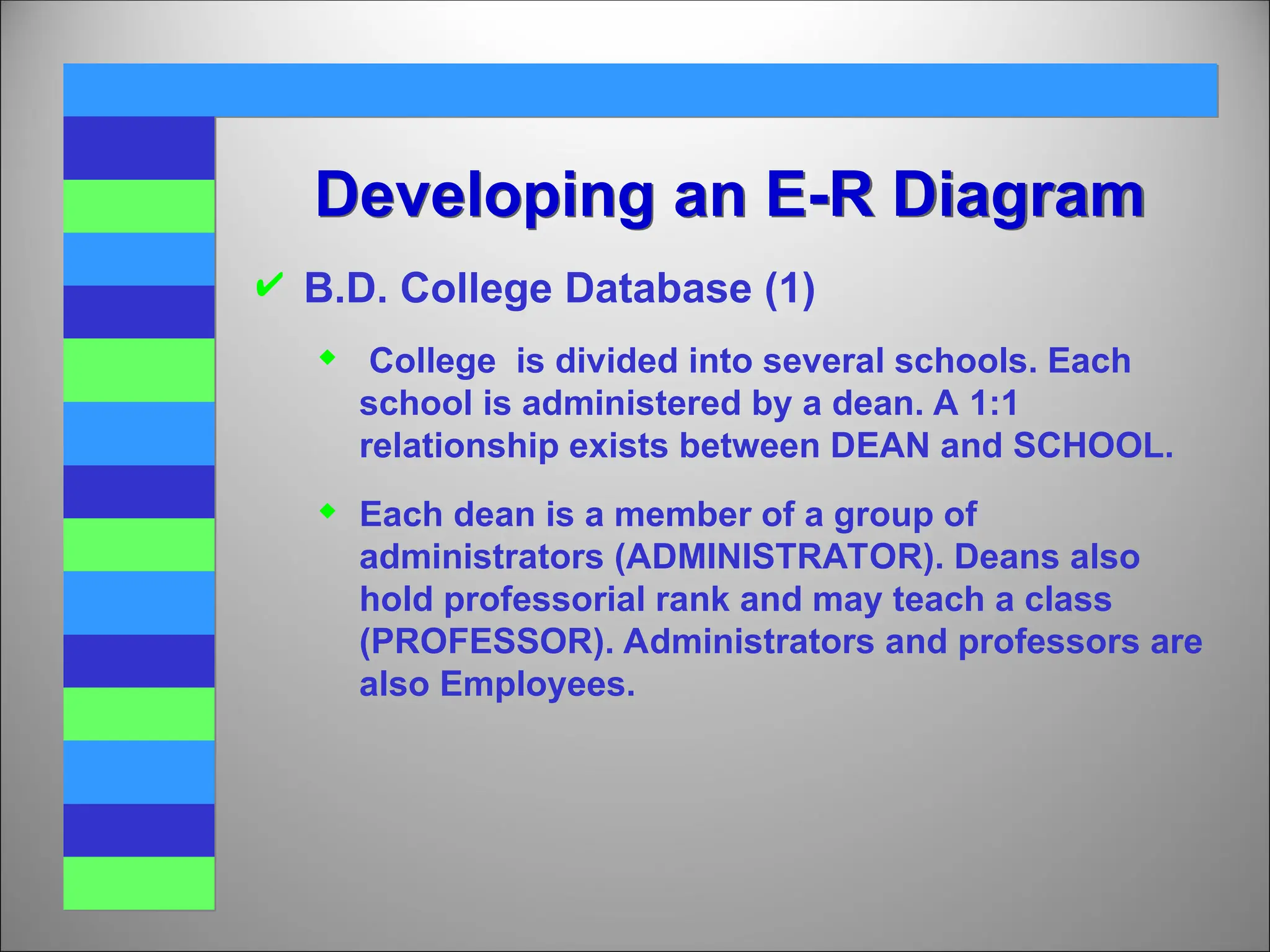  B.D. College Database (1)
 College is divided into several schools. Each
school is administered by a dean. A 1:1
relationship exists between DEAN and SCHOOL.
 Each dean is a member of a group of
administrators (ADMINISTRATOR). Deans also
hold professorial rank and may teach a class
(PROFESSOR). Administrators and professors are
also Employees.
Developing an E-R Diagram
 