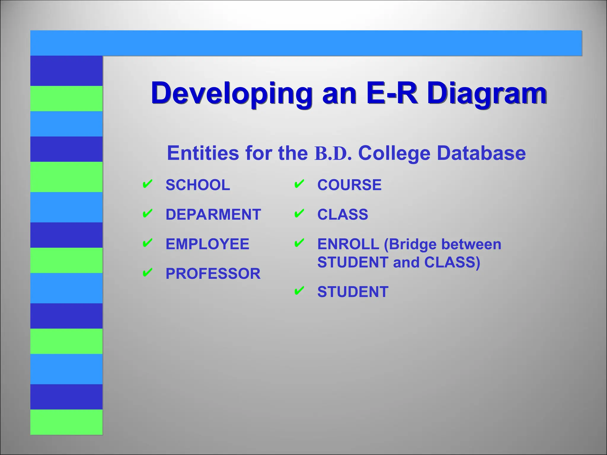 Entities for the B.D. College Database
 SCHOOL
 DEPARMENT
 EMPLOYEE
 PROFESSOR
 COURSE
 CLASS
 ENROLL (Bridge between
STUDENT and CLASS)
 STUDENT
Developing an E-R Diagram
 