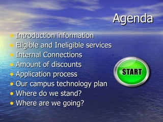 Agenda Introduction information Eligible and Ineligible services Internal Connections Amount of discounts Application process Our campus technology plan Where do we stand? Where are we going? 