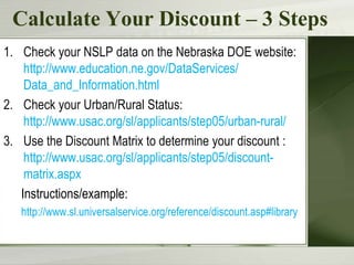 Calculate Your Discount – 3 StepsCheck your NSLP data on the Nebraska DOE website: http://www.education.ne.gov/DataServices/ Data_and_Information.htmlCheck your Urban/Rural Status:	 http://www.usac.org/sl/applicants/step05/urban-rural/Use the Discount Matrix to determine your discount :  http://www.usac.org/sl/applicants/step05/discount-matrix.aspxInstructions/example:http://www.sl.universalservice.org/reference/discount.asp#library