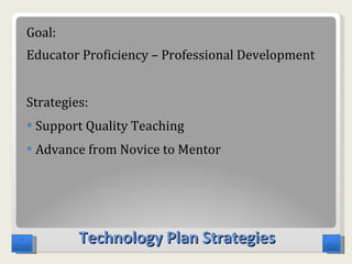 Technology Plan Strategies Goal: Educator Proficiency – Professional Development Strategies: Support Quality Teaching Advance from Novice to Mentor 
