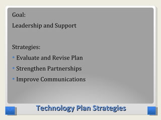 Technology Plan Strategies Goal: Leadership and Support  Strategies: Evaluate and Revise Plan Strengthen Partnerships Improve Communications 