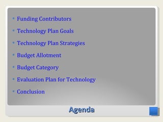 Agenda Funding Contributors Technology Plan Goals  Technology Plan Strategies Budget Allotment Budget Category Evaluation Plan for Technology  Conclusion 