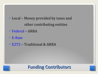 Local – Money provided by taxes and    other contributing entities Federal  – ARRA E-Rate E2T2  – Traditional & ARRA Funding Contributors 