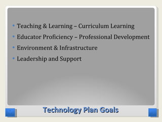 Technology Plan Goals  Teaching & Learning – Curriculum Learning  Educator Proficiency – Professional Development  Environment & Infrastructure  Leadership and Support  
