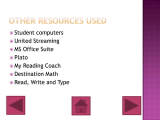  Student computers
 United Streaming
 MS Office Suite
 Plato
 My Reading Coach
 Destination Math
 Read, Write and Type
 