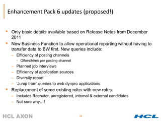Enhancement Pack 6 updates (proposed!)


 Only basic details available based on Release Notes from December
    2011
   New Business Function to allow operational reporting without having to
    transfer data to BW first. New queries include:
    – Efficiency of posting channels
        • Offers/hires per posting channel
    –   Planned job interviews
    –   Efficiency of application sources
    –   Diversity report
    –   ‘Jump from’ queries to web dynpro applications
 Replacement of some existing roles with new roles
    – Includes Recruiter, unregistered, internal & external candidates
    – Not sure why…!


                                             16
 