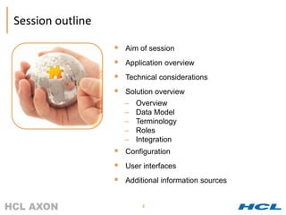Session outline

                     Aim of session
                     Application overview
                     Technical considerations
                     Solution overview
                      –   Overview
                      –   Data Model
                      –   Terminology
                      –   Roles
                      –   Integration
                     Configuration
                     User interfaces
                     Additional information sources


                           2
 
