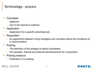 Terminology - process


 Candidate
  – Applicant
  – Can in be internal or external
 Application
  – Application for a specific advertised job
 Requisition
  – An agreement between hiring managers and recruiters about the conditions of
    a vacant position
 Posting
  – The definition of the strategy to attract candidates
  – For example, internal and external advertisements for a requisition
 Posting instance
  – Publication of a posting

                                         35
 