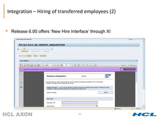 Integration – Hiring of transferred employees (2)


 Release 6.00 offers ‘New Hire Interface’ through XI




                                    54
 