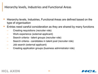Hierarchy levels, Industries and Functional Areas


 Hierarchy levels, Industries, Functional Areas are defined based on the
    type of organisation
   Entries need careful consideration as they are shared by many functions
    –   Creating requisitions (recruiter role)
    –   Work experience (external applicant)
    –   Search criteria - talent groups (recruiter role)
    –   Search criteria - candidates in talent pool (recruiter role)
    –   Job search (external applicant)
    –   Creating application groups (business administrator role)




                                          68
 