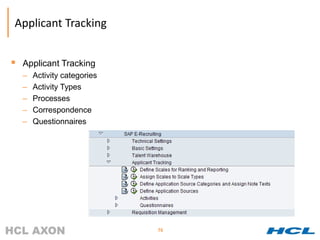 Applicant Tracking


 Applicant Tracking
  –   Activity categories
  –   Activity Types
  –   Processes
  –   Correspondence
  –   Questionnaires




                            76
 