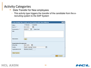 Activity Categories
       Data Transfer for New employees
       – This activity type triggers the transfer of the candidate from the e-
         recruiting system to the SAP System




                                           84
 
