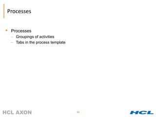 Processes


 Processes
  – Groupings of activities
  – Tabs in the process template




                                   86
 
