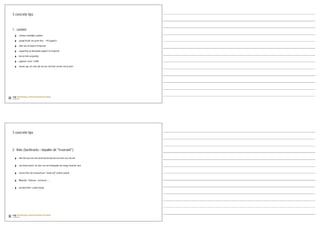 3 concrete tips


1. content
 ‣   minimum wekelijkse updates

 ‣   google houdt van grote sites. +40 pagina’s

 ‣   denk aan de keyterm frequentie

 ‣   copywriting op bestaande pagina’s ifv. keywords

 ‣   kies je titels zorgvuldig

 ‣   pagesize: nooit +200K

 ‣   domain age: net zoals wijn kan een site beter worden met de jaren




3 concrete tips



2. links (backtracks - bepalen de “trustrank”)

 ‣   elke link naar een site wordt beschouwd als een stem voor die site


 ‣   niet democratisch: de stem van een belangrijke site weegt zwaarder door


 ‣   interne links niet verwaarlozen: “dead end” verliest waarde


 ‣   Wikipedia - Delicious - technorati - ...


 ‣   persberichten! andere blogs!
 