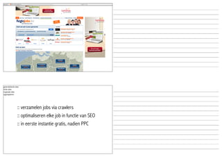 generalistische sites
niche sites
regionale sites
aggregatoren




                   :: verzamelen jobs via crawlers
                   :: optimaliseren elke job in functie van SEO
                   :: in eerste instantie gratis, nadien PPC
 