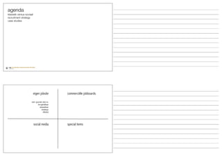 agenda
klassiek versus sociaal
recruitment strategy
case studies




                          eigen jobsite      commerciële jobboards

                     een goede site is:
                           terugvindbaar
                             aanpasbaar
                               meetbaar
                                 efficiënt




                          social media       special items
 