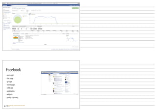Facebook
- socio ad’s
- fan page
- groups
- eventpages
- infiltratie
- applicaties
- widgets
- policy & privacy
 