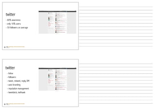 twitter
- 80% awareness
- only 16% users
- 59 followers on average




twitter
 - follow
 - followers
 - tweet, retweet, reply, DM
 - auto branding
 - reputation management
 - tweetdeck, twithawk
 