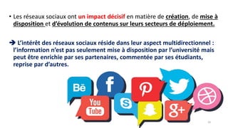 20
• Les réseaux sociaux ont un impact décisif en matière de création, de mise à
disposition et d’évolution de contenus su...