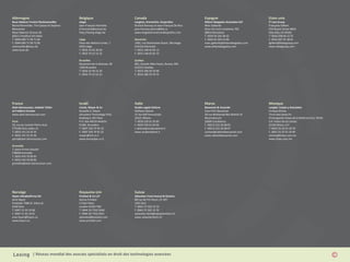 | Réseau mondial des avocats spécialisés en droit des technologies avancées
Allemagne
Buse Heberer Fromm Rechtsanwälte
Bernd Reinmüller, Tim Caesar et Stephan
Menzemer
Neue Mainzer Strasse 28
60311 Frankfurt Am Main
T. 0049 699 71 09 71 00
F. 0049 699 71 09 72 00
reinmueller@buse.de
www.buse.de
Belgique
elegis
Jean-François Henrotte
jf.henrotte@avocat.be
http://lexing.elegis.be
Liège
Place des Nations-Unies, 7
4020 Liège
T. 0032 43 42 30 50
F. 0032 70 22 52 22
Bruxelles
Boulevard de la Woluwe, 60
1200 Bruxelles
T. 0032 22 40 15 20
F. 0032 70 22 52 22
Canada
Langlois, Kronström, Desjardins
Richard Ramsay et Jean-François De Rico
jean-francois.derico@lkd.ca
www.langloiskronstromdesjardins.com
Montréal
1002, rue Sherbrooke Ouest, 28e étage
H3A3L6 Montréal
T. 0015 148 42 95 12
F. 0015 148 45 65 73
Québec
801, Grande Allée Ouest, Bureau 300
G1S1C1 Québec
T. 0014 186 50 70 00
F. 0014 186 50 70 75
Espagne
Alliant Abogados Asociados SLP
Marc Gallardo
Gran Via Corts Catalanes 702
08010 Barcelone
T. 0034 93 265 58 42
F. 0034 93 265 52 90
marc.gallardo@alliantabogados.com
www.alliantabogados.com
Etats-unis
IT Law Group
Françoise Gilbert
555 Bryant Street #603
Palo Alto, CA 94301
T. 0016 508 04 12 35
F. 0016 507 35 18 01
fgilbert@itlawgroup.com
www.itlawgroup.com
France
Alain Bensoussan, Isabelle Tellier
et Frédéric Fortster
www.alain-bensoussan.com
Paris
29, rue du Colonel Pierre Avia
F75508 Paris cedex 15
T. 0033 141 33 35 35
F. 0033 141 33 35 36
paris@alain-bensoussan.com
Grenoble
7, place Firmin Gautier
F38000 Grenoble
T. 0033 476 70 09 95
F. 0033 476 70 09 96
grenoble@alain-bensoussan.com
Israël
Livnat, Mayer & Co
Russelle D. Mayer
Jérusalem Technology Park,
Building 9, 4th Floor
P.O. Box 48193 Malcha
91481 Jérusalem
T. 0097 226 79 95 33
F. 0097 226 79 95 22
mayer@lmf.co.il
www.livmaylaw.co.il
Italie
Studio Legale Zallone
Raffaele Zallone
31 Via Dell’Annunciata
20121 Milano
T. 0039 229 01 35 83
F. 0039 229 01 03 04
r.zallone@studiozallone.it
www.studiovallone.it
Maroc
Bassamat & Associée
Fassi-Fihri Bassamat
30 rue Mohamed Ben Brahim Al
Mourrakouchi
20000 Casablanca
T. 00212 522 26 68 03
F. 00212 522 26 68 07
contact@cabinetbassamat.com
www.cabinetbassamat.com
Mexique
Langlet, Carpio y Asociados
Enrique Ochoa
Torre Axis Santa Fe
Prolongación Paseo de la Reforma # 61, PB-B1
Col. Paseo de las Lomas
01330 Mxico, D.F.
T. 0052 55 25 91 10 70
F. 0052 55 25 91 10 40
eochoa@lclaw.com.mx
www.lclaw.com.mx
Norvège
Føyen Advøkatfirma DA
Arve Føyen
Postboks 7086 St. Olavs pl.
0130 Oslo
T. 0047 21 93 10 00
F. 0047 21 93 10 01
arve.foyen@foyen.no
www.foyen.no
Royaume-Uni
Preiskel & Co LLP
Danny Preiskel
5 Fleet Place
London EC4M 7RD
T. 0044 20 7332 5640
F. 0044 20 7332 5641
dpreiskel@preiskel.com
www.preiskel.com
Suisse
Sébastien Fanti Avocat & Notaire
8B rue de Pré-Fleuri, CP 497
1951 Sion
T. 0041 27 322 15 15
F. 0041 27 322 15 70
sebastien.fanti@sebastienfanti.ch
www.sebastienfanti.ch
 