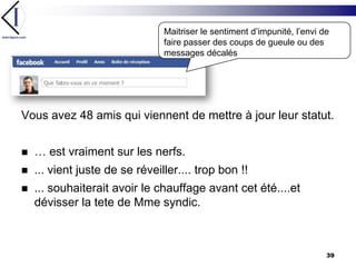 Maitriser le sentiment d’impunité, l’envi de faire passer des coups de gueule ou des messages décalésVous avez 48 amis qui viennent de mettre à jour leur statut.… est vraiment sur les nerfs.... vient juste de se réveiller.... trop bon !! ... souhaiterait avoir le chauffage avant cet été....et dévisser la tete de Mme syndic.39