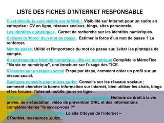 LISTE DES FICHES D’INTERNET RESPONSABLE
C'est décidé, je suis visible sur le Web ! Visibilité sur Internet pour un cadre en
entreprise : CV en ligne, réseaux sociaux, blogs, sites personnels.
Les identités numériques. Carnet de recherche sur les identités numériques.
Calculer la 'force' d'un mot de passe. Estimer la force d'un mot de passe ? Le
renforcer.
Mot de passe. Utilité et l'importance du mot de passe sur, éviter les piratages de
compte.
Kit pédagogique Identité numérique - Ma vie numérique Complète le MémoTice
"Ma vie en numérique", une brochure sur l'usage des TICE.
S'inscrire sur un réseau social Etape par étape, comment créer un profil sur un
réseau social.
Quelques conseils pour mieux surfer Conseils sur les réseaux sociaux ;
comment chercher la bonne information sur Internet, bien utiliser les chats, blogs
et les forums, l'internet mobile, jouer en ligne.
Diffusion de données personelles/ traces /e-réputation Notions de droit à la vie
privée, de e-réputation, vidéo de prévention CNIL et des informations
complémentaires "le saviez-vous ?"
Citoyen de l'internet–CToutNet Le site Citoyen de l'internet –
CToutNet, ressources ,quizz...
 