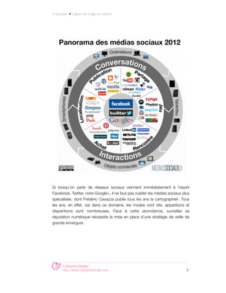 E-réputation • Cultiver son image sur internet




Si lorsqu’on parle de réseaux sociaux viennent immédiatement à l’esprit
Facebook, Twitter, voire Google+, il ne faut pas oublier les médias sociaux plus
spécialisés, dont Frédéric Cavazza publie tous les ans la cartographie2 . Tous
les ans, en effet, car dans ce domaine, les modes vont vite, apparitions et
disparitions sont nombreuses. Face à cette abondance, surveiller sa
réputation numérique nécessite la mise en place d’une stratégie de veille de
grande envergure.




        Catherine Mollet
        http://www.catherinemollet.com                                        3
 