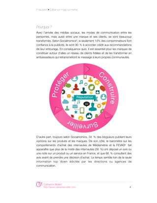 E-réputation • Cultiver son image sur internet




Pourquoi ?
Avec l’arrivée des médias sociaux, les modes de communication entre les
personnes, mais aussi entre une marque et ses clients, se sont beaucoup
transformés. Selon Socialnomics3, si seulement 14% des consommateurs font
confiance à la publicité, ils sont 90 % à accorder crédit aux recommandations
de leur entourage. En conséquence quoi, il est essentiel pour les marques de
constituer autour d’elles un réseau de clients fidèles et de les transformer en
ambassadeurs qui retransmetront le message à leurs propres communautés.




D’autre part, toujours selon Socialnomics, 34   % des blogueurs publient leurs
opinions sur les produits et les marques. De son côté, le baromètre sur les
comportements d’achat des internautes de Médiamétrie et la FEVAD4 fait
apparaître que plus de la moité des internautes (56 %) ont déposé un avis ou
une note sur un produit ou un service en France, et que 66 % consultent des
avis avant de prendre une décision d'achat. Le temps semble loin de la seule
information top down édictée par les directions ou agences de
communication.




        Catherine Mollet
        http://www.catherinemollet.com                                       4
 