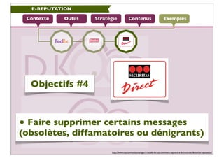 E-REPUTATION

 Contexte   Outils   Stratégie             Contenus                          Exemples




  Objectifs #4



...