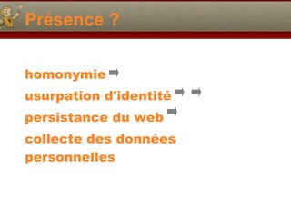 Présence ? homonymie usurpation d'identité persistance du web  collecte des données  personnelles 