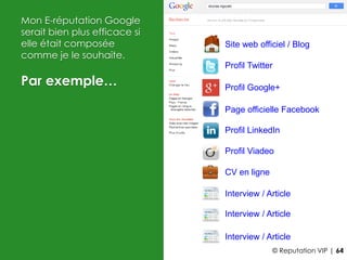 Site web officiel / Blog
Profil Twitter
Profil Google+
Page officielle Facebook
Profil LinkedIn
Profil Viadeo
CV en ligne
Interview / Article
Interview / Article
Interview / Article
Mon E-réputation Google
serait bien plus efficace si
elle était composée
comme je le souhaite.
Par exemple…
© Reputation VIP | 64
 