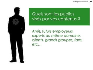 Quels sont les publics
visés par vos contenus ?
Amis, futurs employeurs,
experts du même domaine,
clients, grands groupes, fans,
etc…
?
© Reputation VIP | 68
 