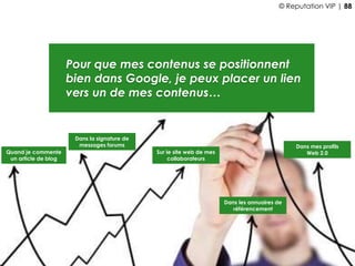 Pour que mes contenus se positionnent
bien dans Google, je peux placer un lien
vers un de mes contenus…
Quand je commente
un article de blog
Dans la signature de
messages forums
Dans les annuaires de
référencement
Dans mes profils
Web 2.0Sur le site web de mes
collaborateurs
© Reputation VIP | 88
 