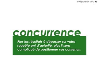 concurrence
Plus les résultats à dépasser sur votre
requête ont d’autorité, plus il sera
compliqué de positionner vos contenus.
© Reputation VIP | 93
 
