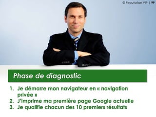 1. Je démarre mon navigateur en « navigation
privée »
2. J’imprime ma première page Google actuelle
3. Je qualifie chacun des 10 premiers résultats
Phase de diagnostic
© Reputation VIP | 99
 