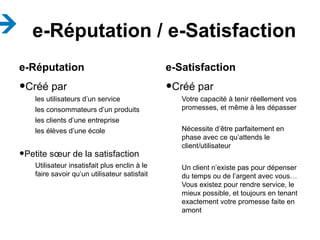 e-Réputation / e-Satisfaction
e-Réputation
•Créé par
les utilisateurs d’un service
les consommateurs d’un produits
les clients d’une entreprise
les élèves d’une école
•Petite sœur de la satisfaction
Utilisateur insatisfait plus enclin à le
faire savoir qu’un utilisateur satisfait
e-Satisfaction
•Créé par
Votre capacité à tenir réellement vos
promesses, et même à les dépasser
Nécessite d’être parfaitement en
phase avec ce qu’attends le
client/utilisateur
Un client n’existe pas pour dépenser
du temps ou de l’argent avec vous…
Vous existez pour rendre service, le
mieux possible, et toujours en tenant
exactement votre promesse faite en
amont
 