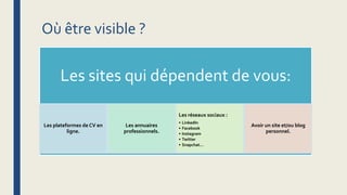 Où être visible ?
Les sites qui dépendent de vous:
Les plateformes de CV en
ligne.
Les annuaires
professionnels.
Les réseaux sociaux :
• LinkedIn
• Facebook
• Instagram
• Twitter
• Snapchat…
Avoir un site et/ou blog
personnel.
 