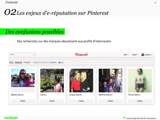 Contexte                                                                      11




02Les enjeux d'e-réputation sur Pinterest
Des confusions possibles
       Des recherches sur des marques aboutissent aux profils d’internautes
 