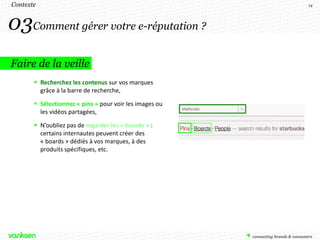 Contexte                                                 14




03Comment gérer votre e-réputation ?
Faire de la veille
        Recherchez les contenus sur vos marques
         grâce à la barre de recherche,

        Sélectionnez « pins » pour voir les images ou
         les vidéos partagées,

        N’oubliez pas de regarder les « boards » :
         certains internautes peuvent créer des
         « boards » dédiés à vos marques, à des
         produits spécifiques, etc.
 